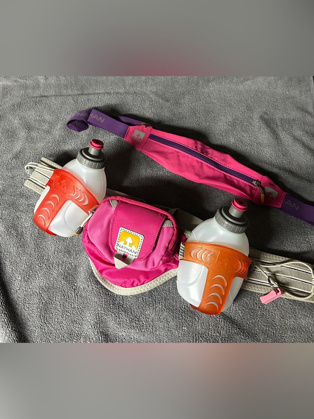 Nathan Running Hydration Belt + Waist Pack Bundle 2 Bottles Pink Purple